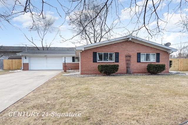 ranch-style house featuring driveway, an attached garage, fence, a front lawn, and brick siding