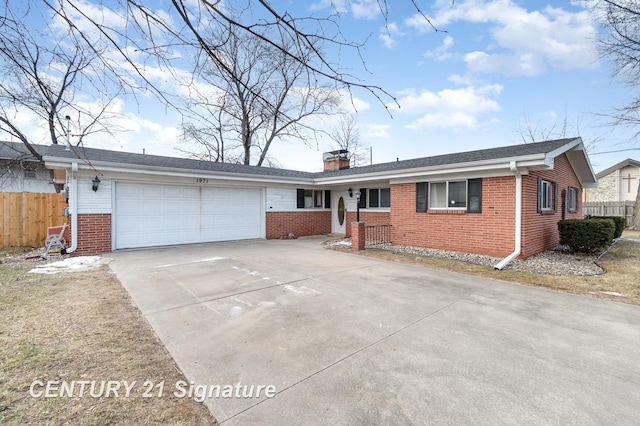 ranch-style house featuring an attached garage, brick siding, fence, driveway, and a chimney