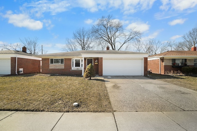 ranch-style house with a front yard, an attached garage, a chimney, concrete driveway, and brick siding