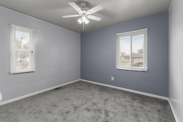 empty room featuring carpet floors, a wealth of natural light, and baseboards