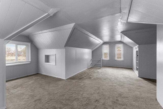 additional living space featuring vaulted ceiling, carpet flooring, and plenty of natural light