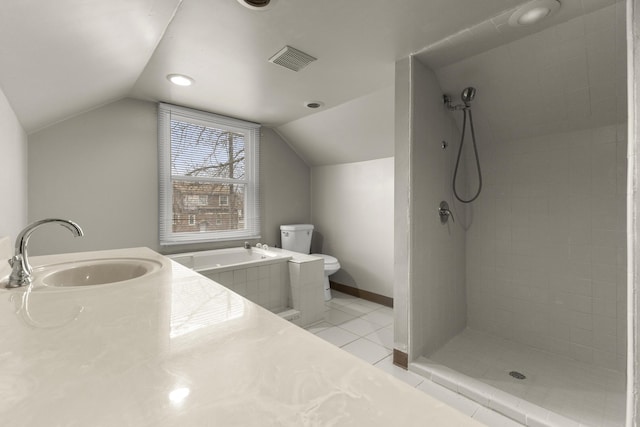 full bath with lofted ceiling, tile patterned flooring, toilet, a sink, and visible vents