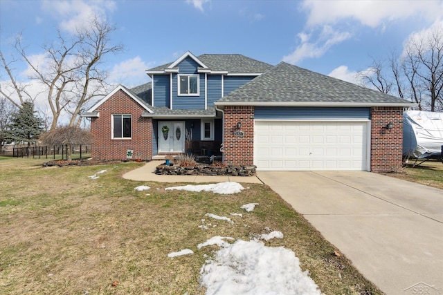 traditional home featuring an attached garage, brick siding, fence, concrete driveway, and roof with shingles