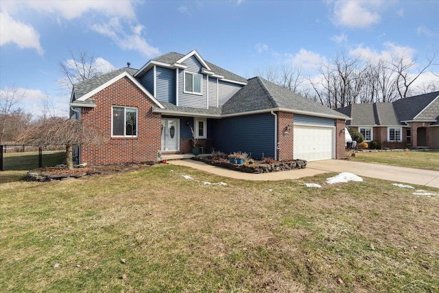 traditional-style home with roof with shingles, a front lawn, concrete driveway, and brick siding