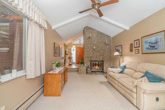 carpeted living area featuring a baseboard radiator, a fireplace, high vaulted ceiling, and a ceiling fan