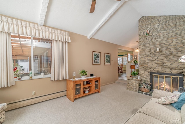 carpeted living area featuring a baseboard radiator, baseboards, vaulted ceiling, and a stone fireplace