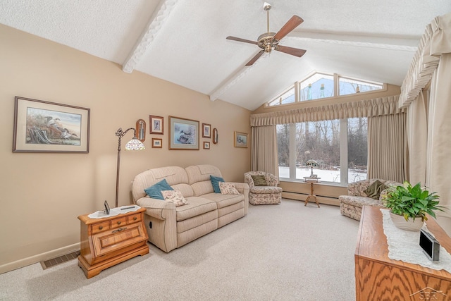 carpeted living area with lofted ceiling with beams, a textured ceiling, a ceiling fan, visible vents, and baseboards