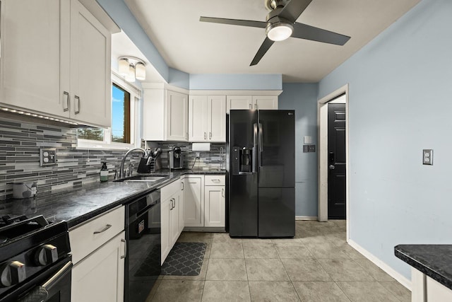 kitchen with decorative backsplash, white cabinets, a sink, and black appliances