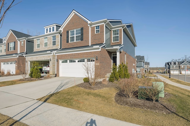 view of front of house featuring a garage, a residential view, brick siding, and concrete driveway