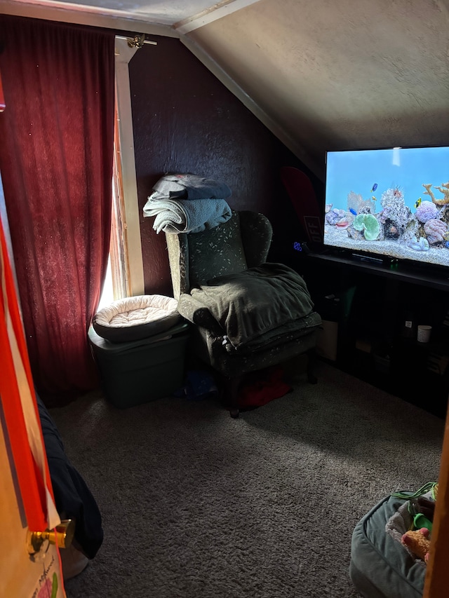 living area with carpet flooring, lofted ceiling, and a textured wall