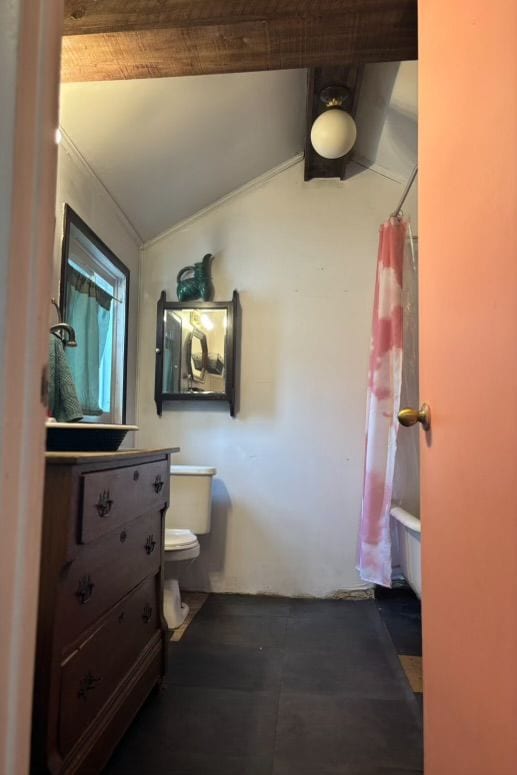 full bathroom with vanity, a shower with shower curtain, toilet, and lofted ceiling