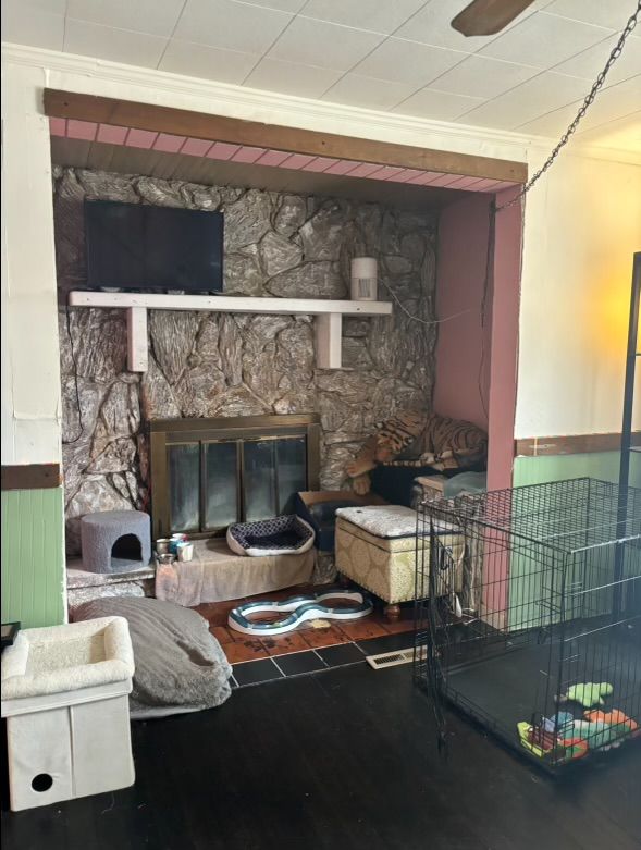 living room featuring a fireplace and wood finished floors