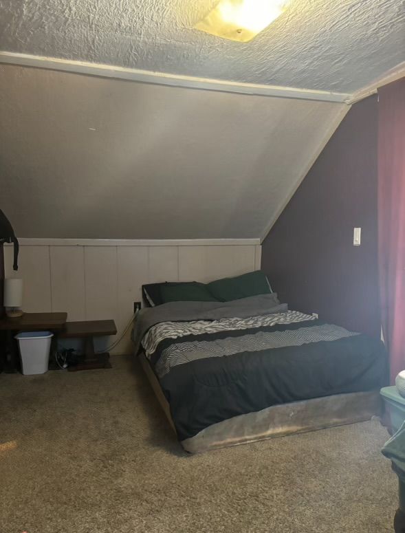 bedroom with carpet flooring, a textured ceiling, and vaulted ceiling