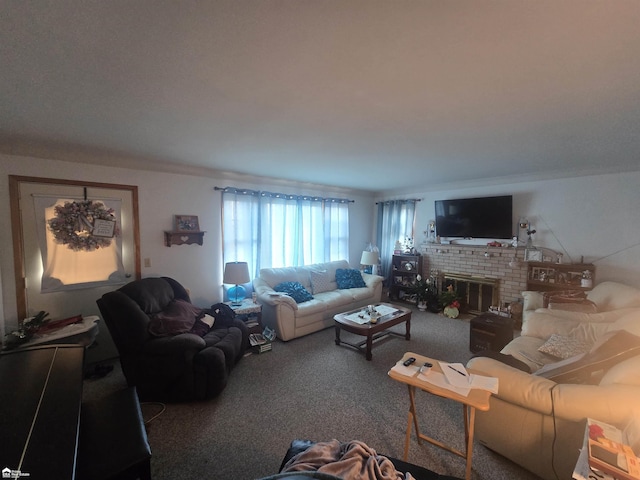 carpeted living room with a brick fireplace