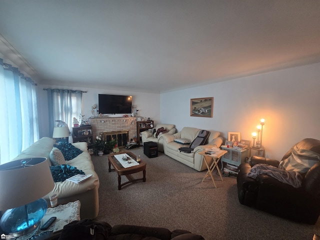 living area with carpet and a fireplace