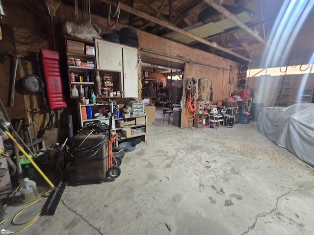 garage featuring a workshop area