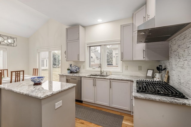 kitchen featuring a sink, a kitchen island, ventilation hood, light wood-type flooring, and dishwasher