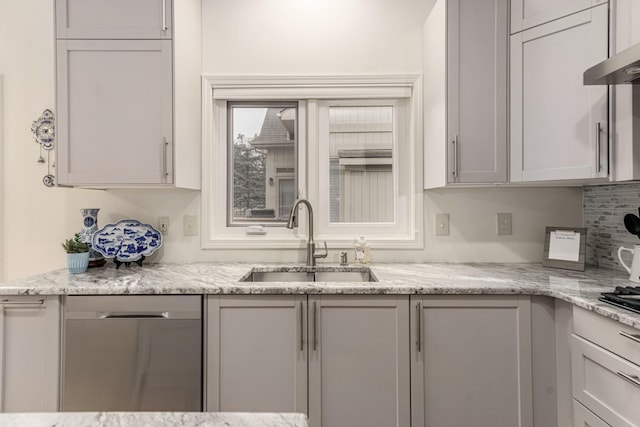 kitchen with decorative backsplash, a sink, light stone countertops, range hood, and stainless steel dishwasher