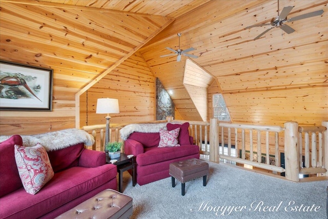 carpeted living room featuring a ceiling fan, wooden ceiling, vaulted ceiling, and wooden walls