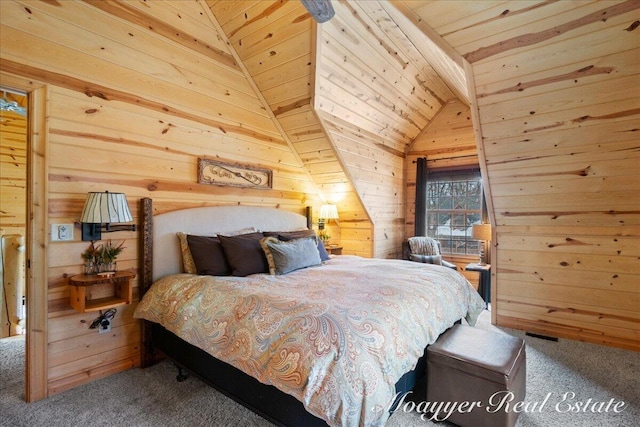 bedroom featuring wooden ceiling, carpet, wooden walls, and vaulted ceiling