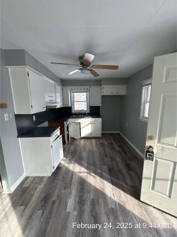 kitchen featuring baseboards, dark countertops, dark wood-style flooring, under cabinet range hood, and white cabinetry