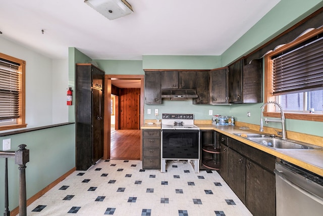 kitchen featuring under cabinet range hood, a sink, electric stove, light countertops, and dishwasher