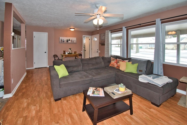 living area featuring a ceiling fan, light wood-style flooring, baseboards, and a textured ceiling