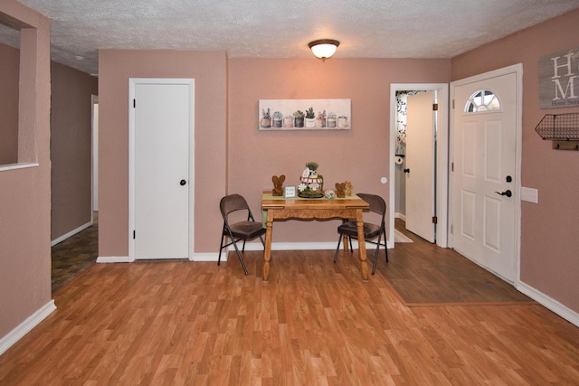 entrance foyer featuring light wood finished floors, baseboards, and a textured ceiling