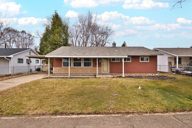 single story home featuring concrete driveway, a chimney, a front yard, and fence