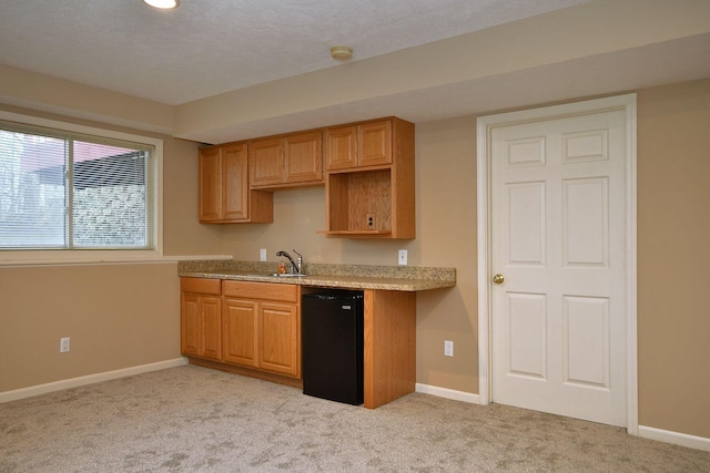 kitchen with black dishwasher, light colored carpet, a textured ceiling, and baseboards