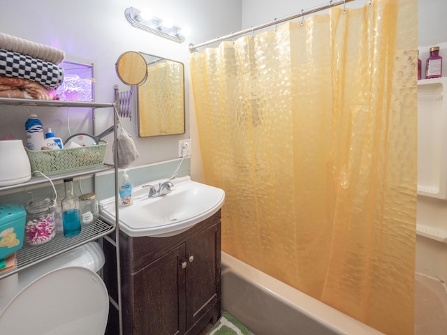 full bath featuring toilet, shower / tub combo, and vanity