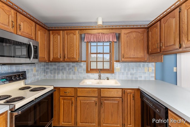 kitchen featuring a sink, black dishwasher, light countertops, stainless steel microwave, and white electric range oven