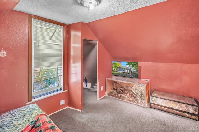 carpeted bedroom featuring a textured ceiling, a textured wall, lofted ceiling, and baseboards