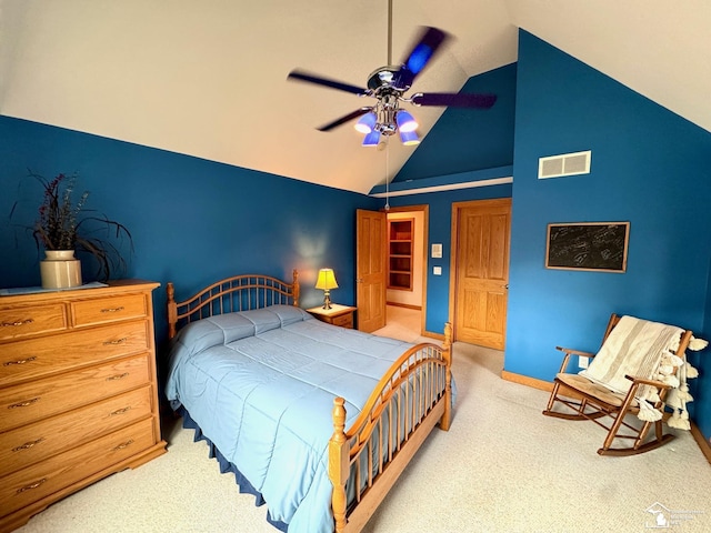 carpeted bedroom with vaulted ceiling, baseboards, visible vents, and a ceiling fan