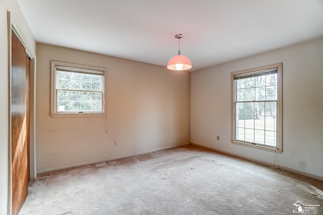 spare room with baseboards, a wealth of natural light, and light colored carpet