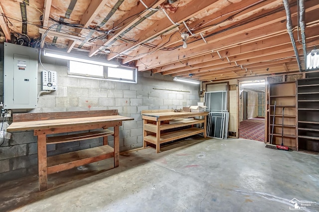 basement featuring electric panel and a workshop area