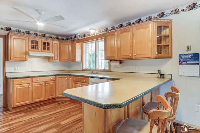 kitchen featuring a breakfast bar area, a peninsula, stainless steel dishwasher, under cabinet range hood, and a sink