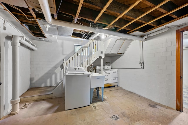 2412 Cornell St, Dearborn, MI 48124 - below grade area featuring stairway, washer / dryer, and concrete block wall