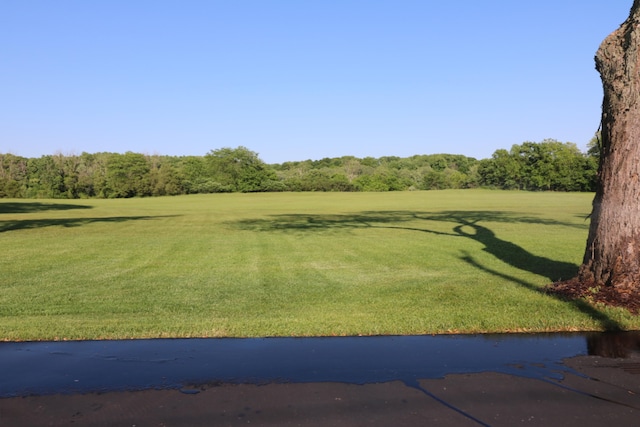 surrounding community with a yard and a view of trees