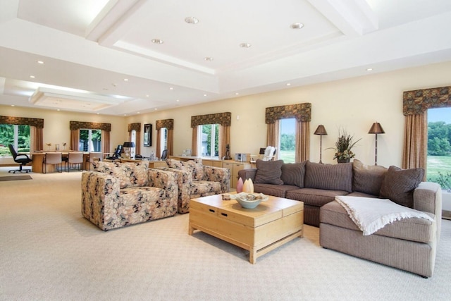 living room featuring recessed lighting, a tray ceiling, beamed ceiling, and light colored carpet