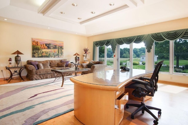 home office with light wood-style flooring, baseboards, beamed ceiling, and recessed lighting