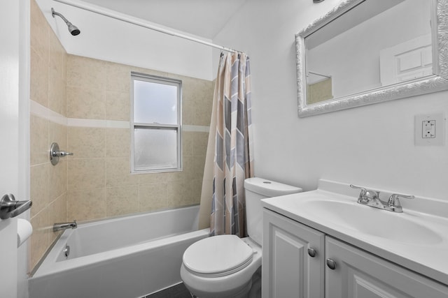 full bathroom with toilet, shower / bath combo with shower curtain, and vanity