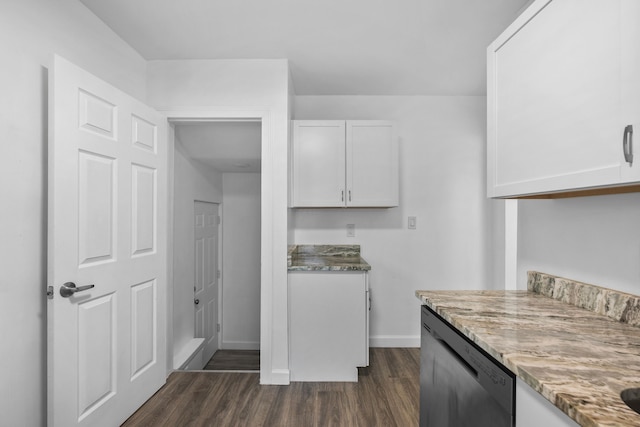 kitchen featuring white cabinetry, black dishwasher, light stone counters, and dark wood-type flooring