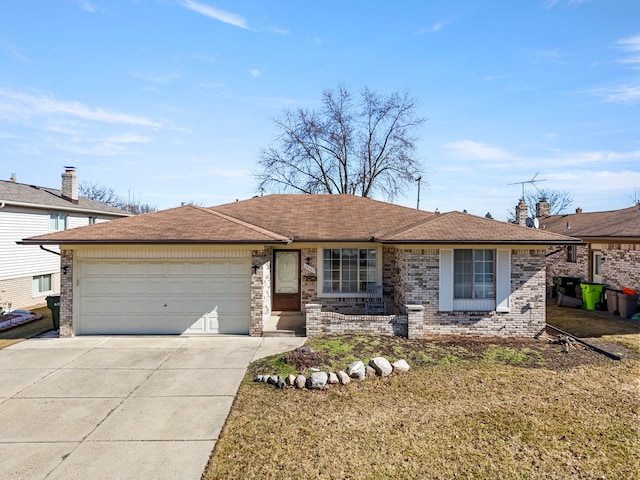 ranch-style home featuring driveway, a garage, a shingled roof, a front lawn, and brick siding