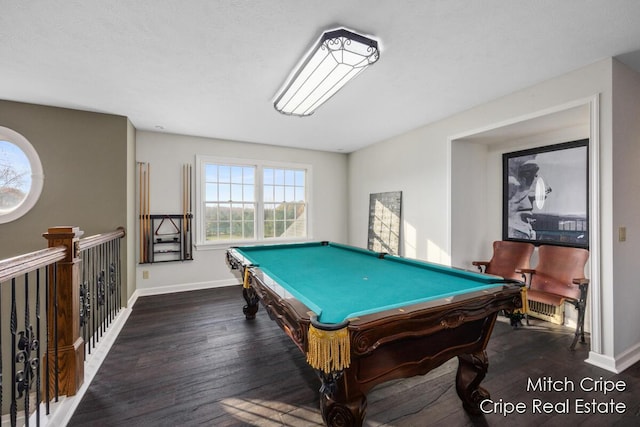 playroom featuring pool table, wood finished floors, and baseboards