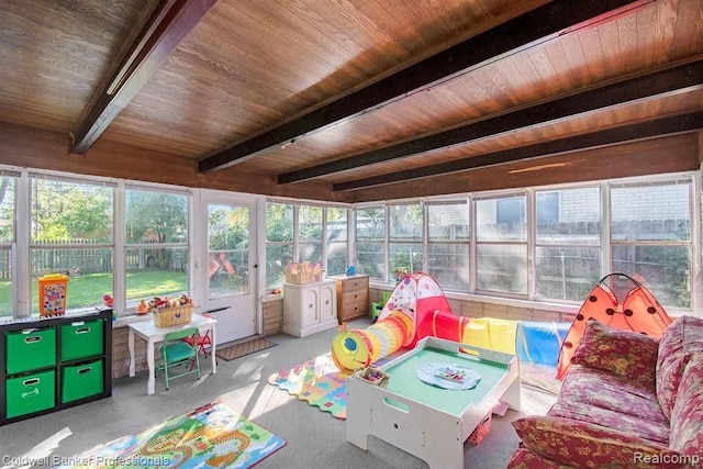 sunroom featuring wood ceiling and beam ceiling