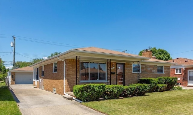 single story home with a garage, brick siding, a chimney, an outbuilding, and a front yard