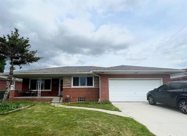 ranch-style home with a porch, an attached garage, brick siding, concrete driveway, and a front lawn