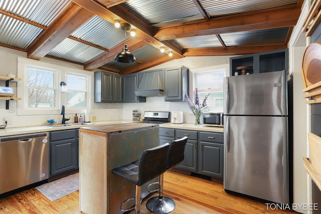 kitchen featuring premium range hood, appliances with stainless steel finishes, light wood finished floors, and gray cabinetry