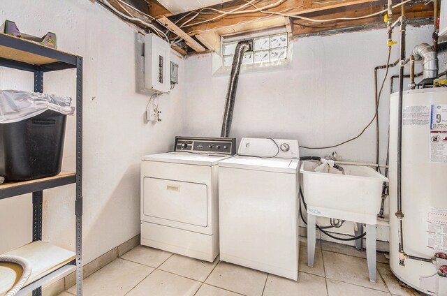 clothes washing area featuring water heater, a sink, washer and dryer, laundry area, and electric panel